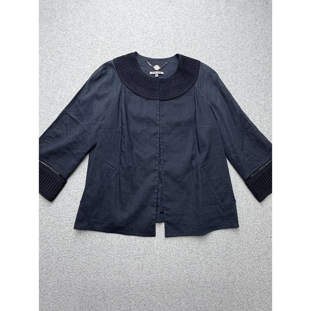 Anne Klein Jacket Womens 14 Blue Linen Blend Embroidered Collar Open Front
